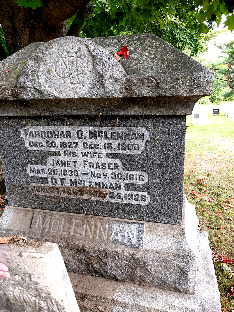 Photo of headstones/Farquhar D McLennan d1908 hdstn St Andrews Wmtwn Glengarry ON